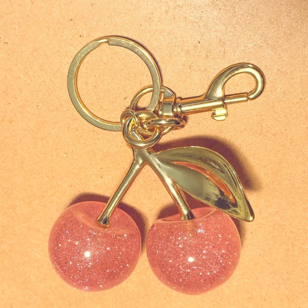 Gold and Pink Sparkle Cherry Keychain Bag Charm